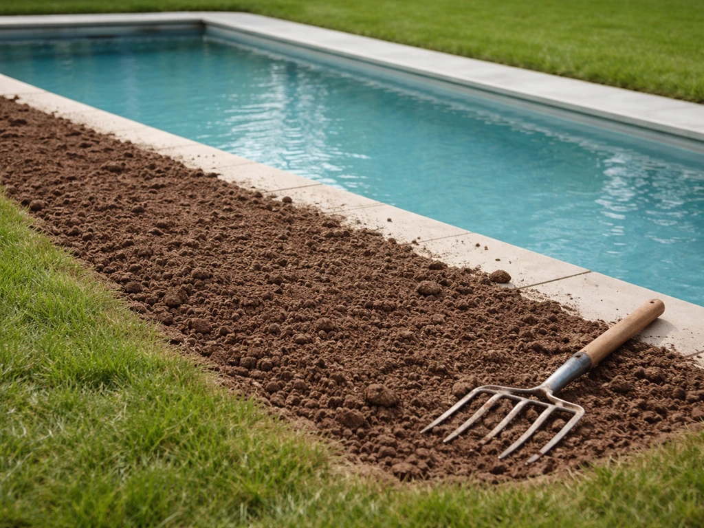 Bande de sol ameubli au bord d’une piscine, grelinette en main, terre prête pour le semis de pelouse.