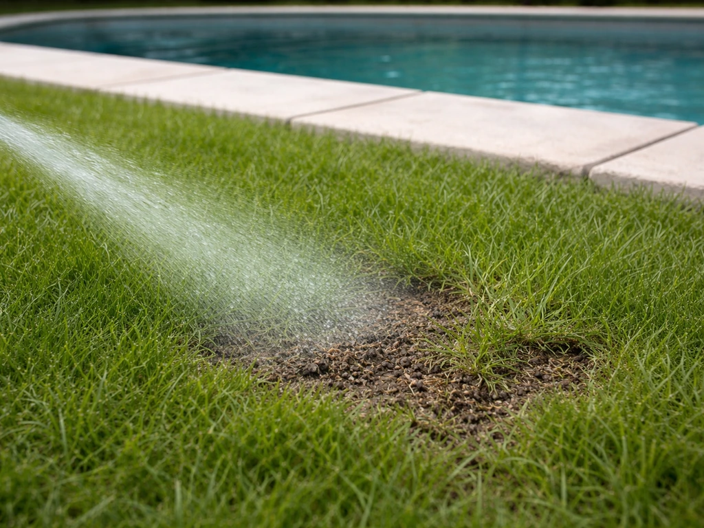 Arrosage de rinçage sur une petite zone de pelouse près de la margelle de piscine, spray d’eau visible.