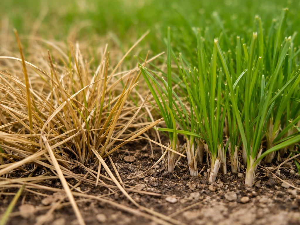 Gros plan sur l’herbe jaunie et des brins plus vivants, pour distinguer un gazon grillé d’un autre problème