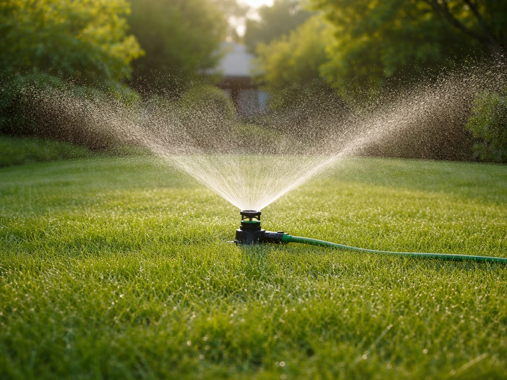 Arroseur projetant une pluie fine sur une pelouse, gouttes visibles et humidification sans ruissellement.
