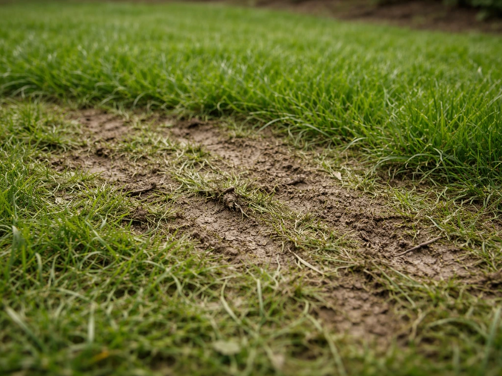Gazon piétiné avec empreintes : brins écrasés et sol plus compact autour.