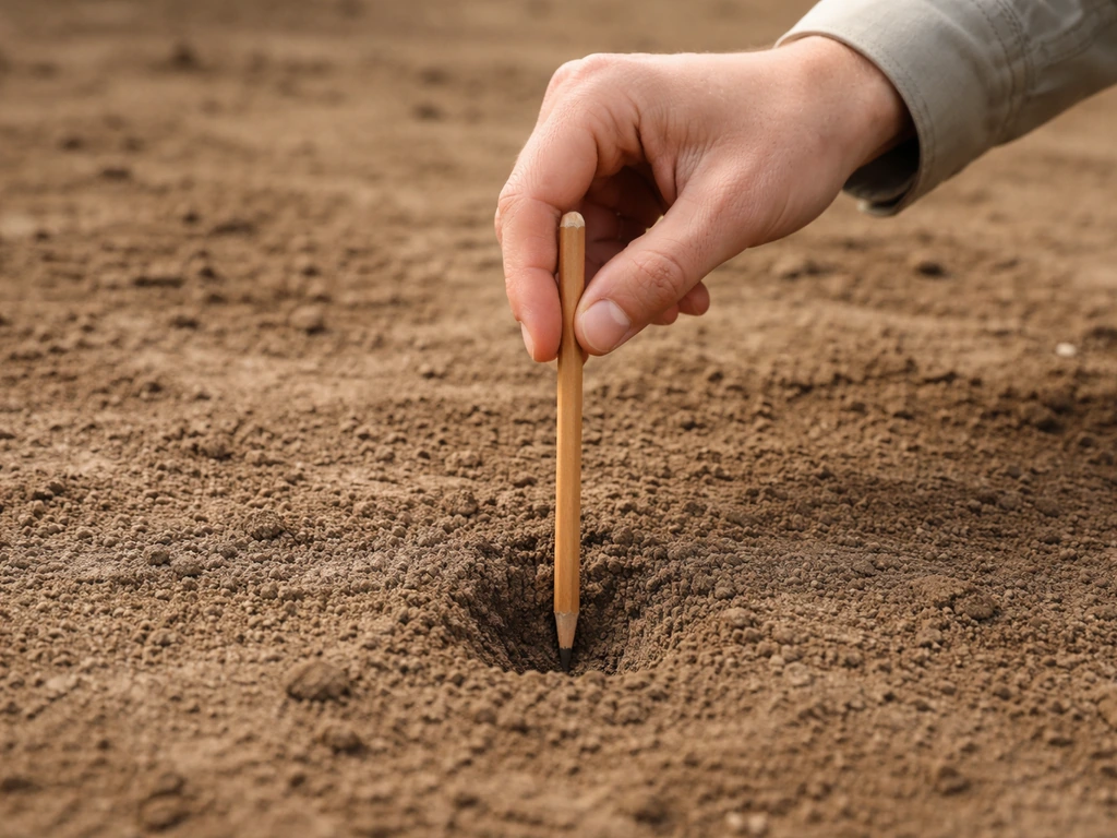 Main enfonçant un crayon dans la terre pour tester la compaction à environ 10 cm de profondeur.