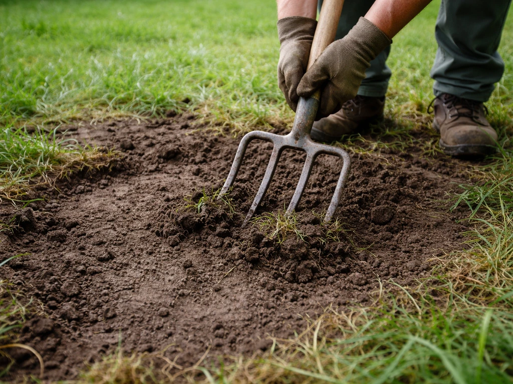 Jardinier au sol, utilisant une fourche-bêche pour décompacter une zone piétinée d’herbe et de terre humide