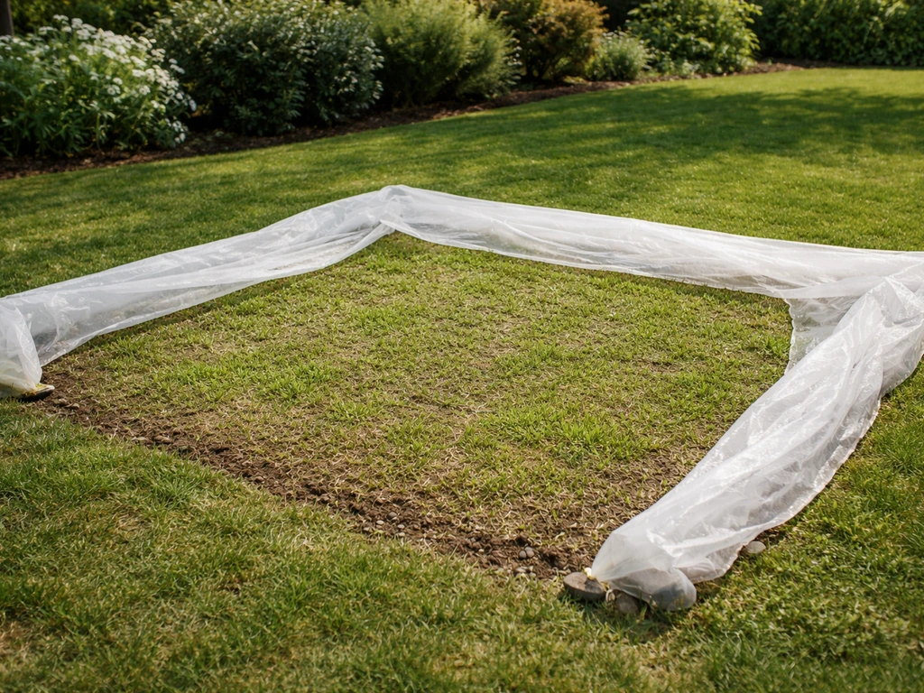 Sursemis en reprise sur gazon très rasé, recouvert d’un voile de forçage dans un jardin ensoleillé.