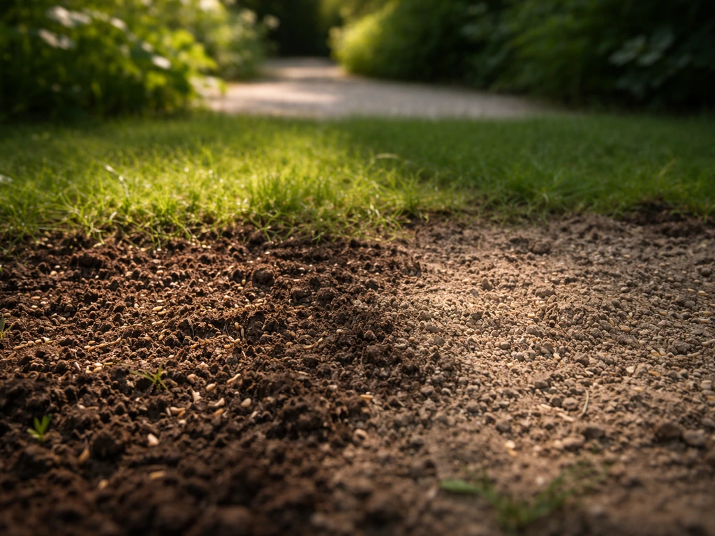 Deux zones de sol de jardin, l’une éclairée et plus sombre, l’autre ombragée et plus claire, graines visibles.