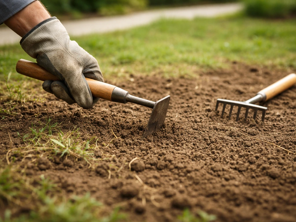 Désherbage et travail superficiel du sol avant semis, terre émiettée et outils de jardinage au premier plan.
