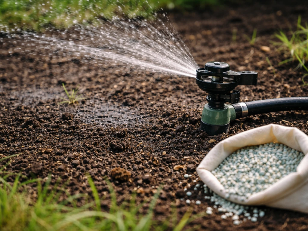 Gros plan d’un arroseur de jardin projetant de l’eau sur un sol fraîchement semé, avec granulés d’engrais à côté.