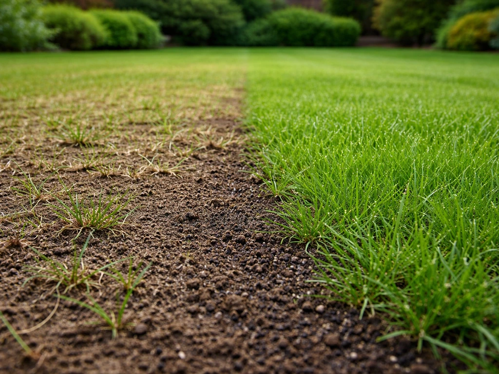 Pelouse clairsemée avant/après sursemis : terreau fin recouvrant la zone et repousse plus dense.