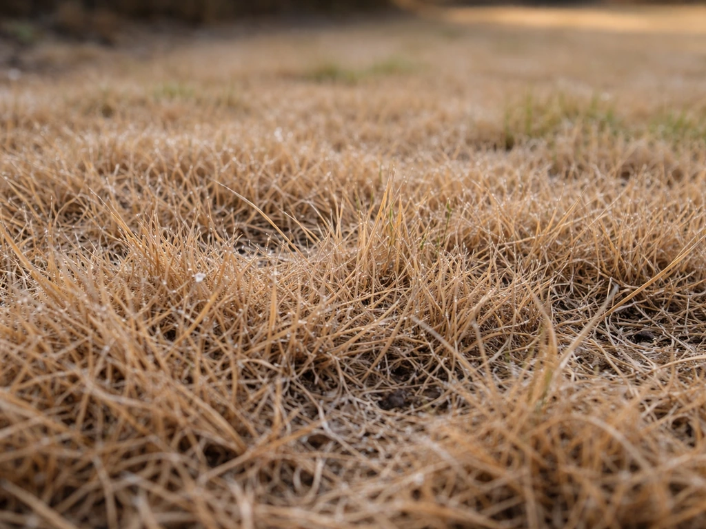 Gazon de Bermudes beige-brun en hiver, vue rapprochée sur l’herbe en dormance