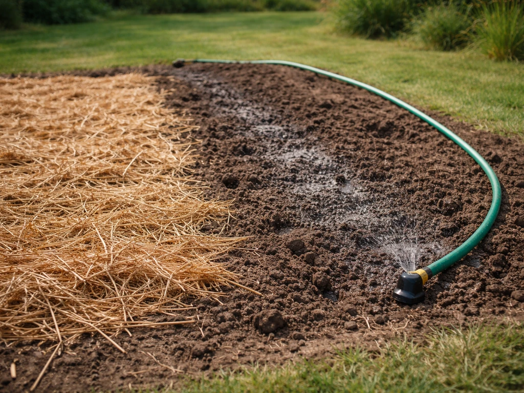 Sol de jardin avec paillage et tuyau d’arrosage, humidifié en profondeur pour un arrosage rare et profond.