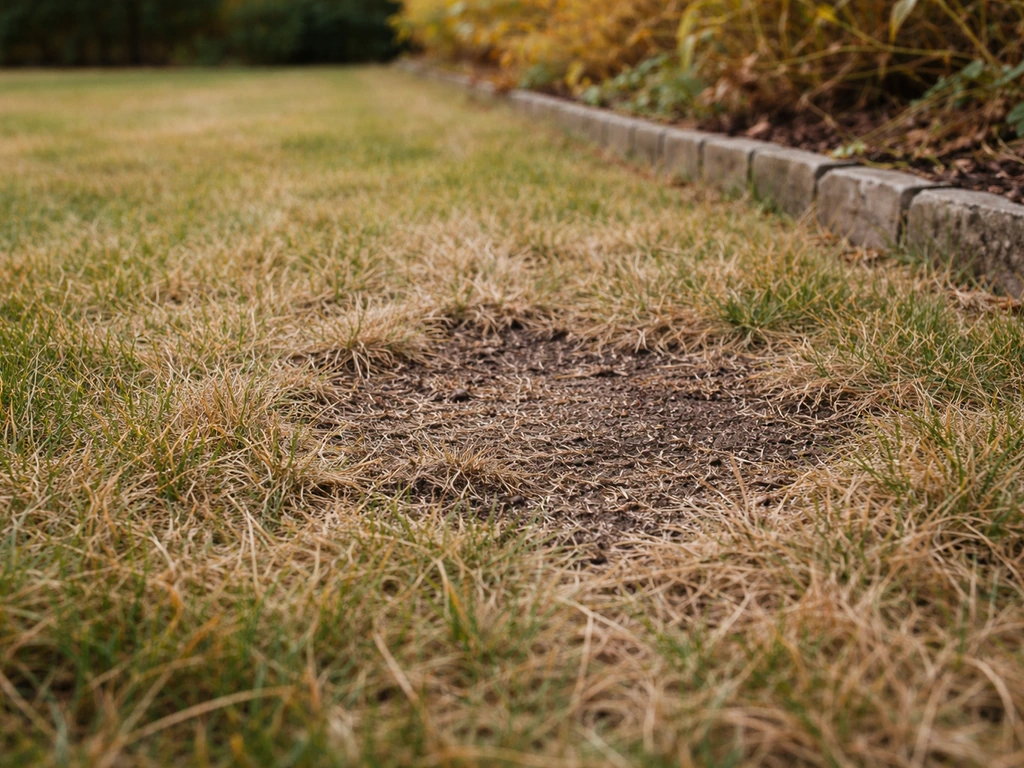 Gros plan d’une pelouse tondue avec zones clairsemées et brunies, près d’un patch disparu.