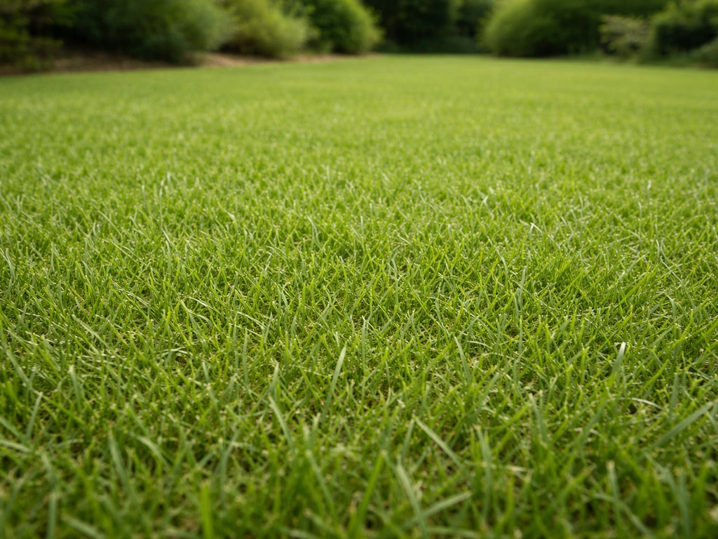Pelouse dense de gazon africain en jardin français, texture régulière, lumière naturelle, vue panoramique.