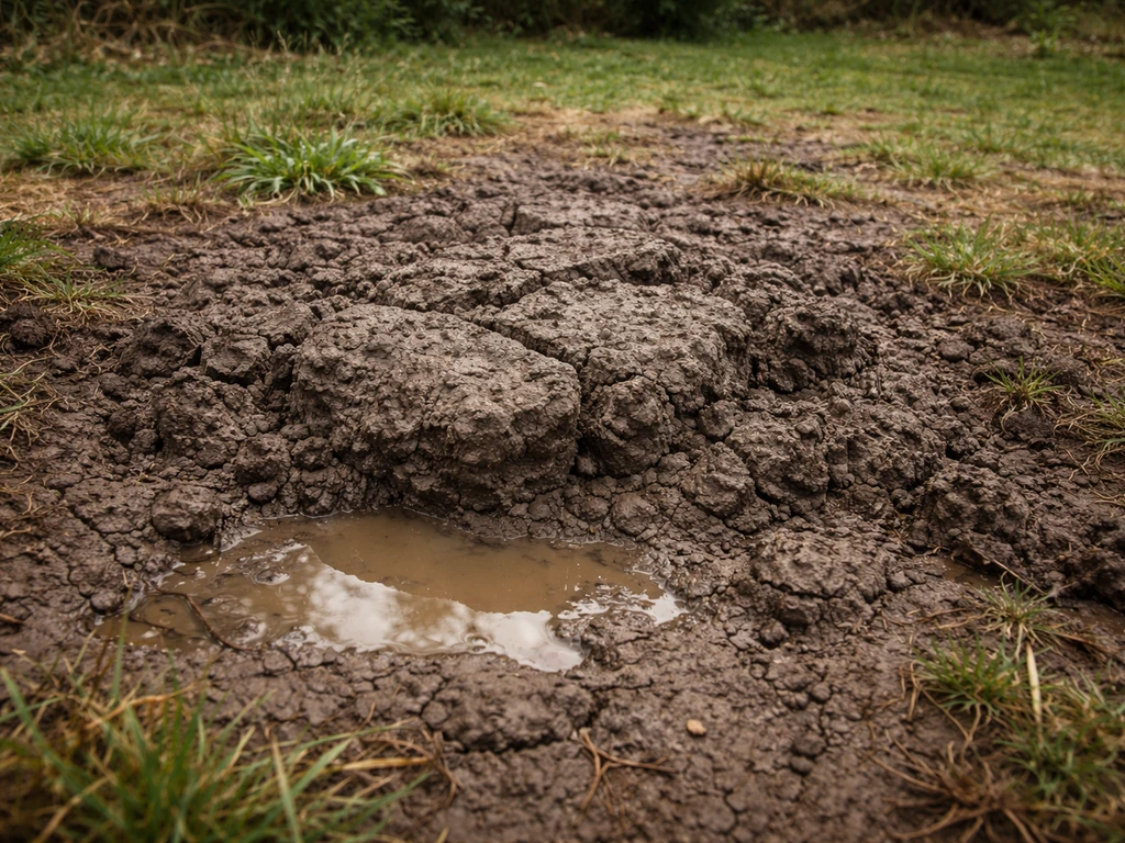 Jardin avec sol argileux : terre compacte et une petite zone où l’eau stagne, montrant l’asphyxie.