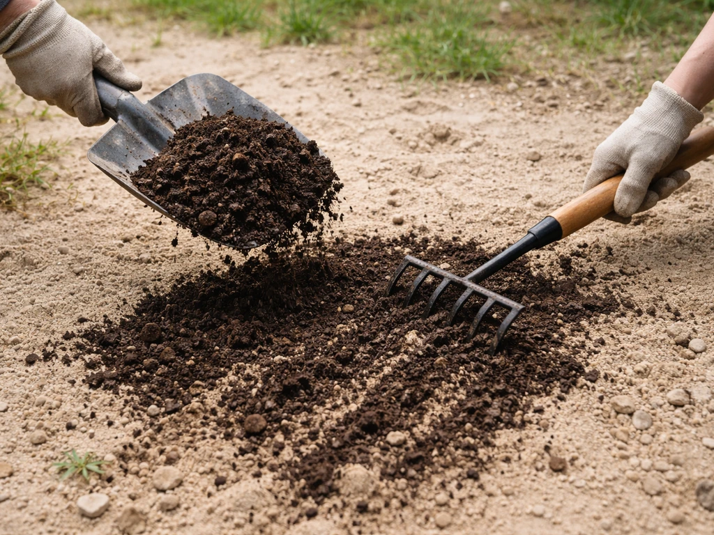 Sol sableux avant amélioration, compost mûr ajouté et griffage visible pour l’incorporation au sol.