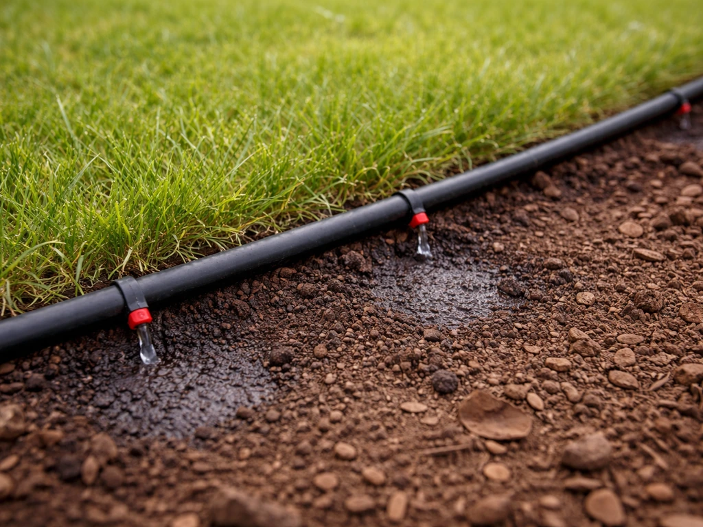 Arroseur goutte-à-goutte en jardin, sol humide en surface, eau qui pénètre sans ruissellement.