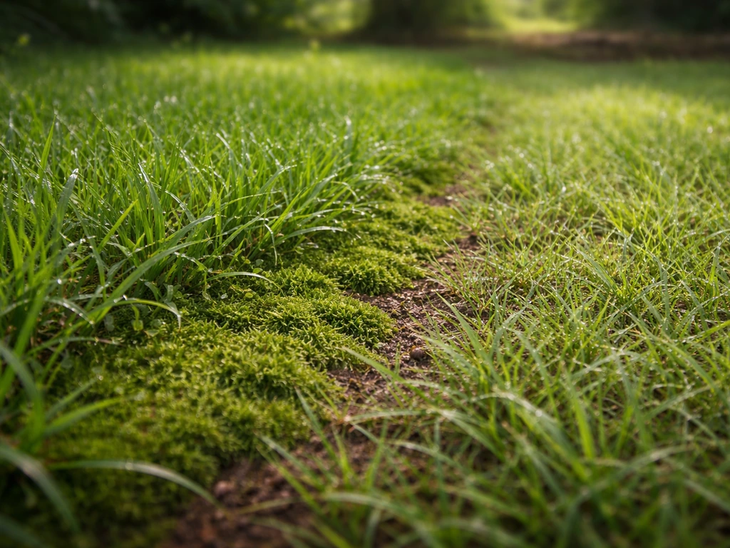 Gros plan d’un gazon avec mousse verte et zones plus claires/clairsemées dues à l’humidité et à l’ombre.