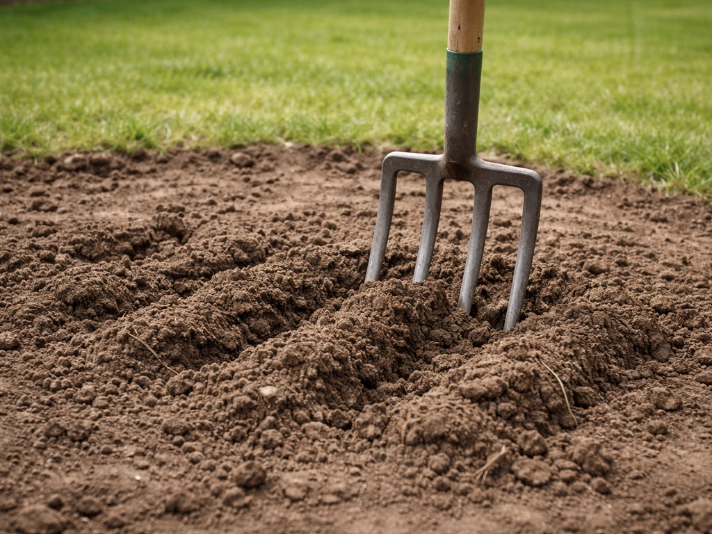 Décompactage d’un sol compacté : fourche-bêche dans la terre, traces d’aération sur une pelouse.
