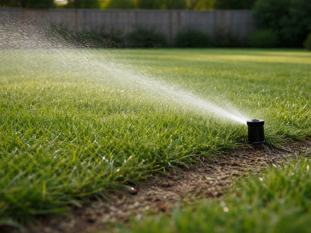 Arroseur réglé qui arrose une pelouse, sol humide et eau en jet fin, jardin minimal.