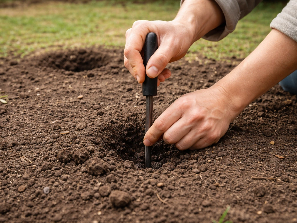 Un jardinier enfonce une petite sonde dans le sol et observe l’humidité à plusieurs endroits.