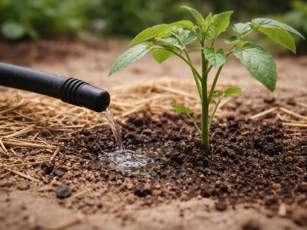 Jeune plante dans un sol sableux : arrosage localisé et compost/terreau de feuilles au pied.