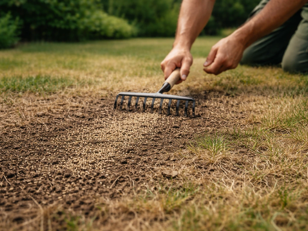 Jardinier ratisse légèrement une pelouse brune, graines visibles à la surface avant recouvrement