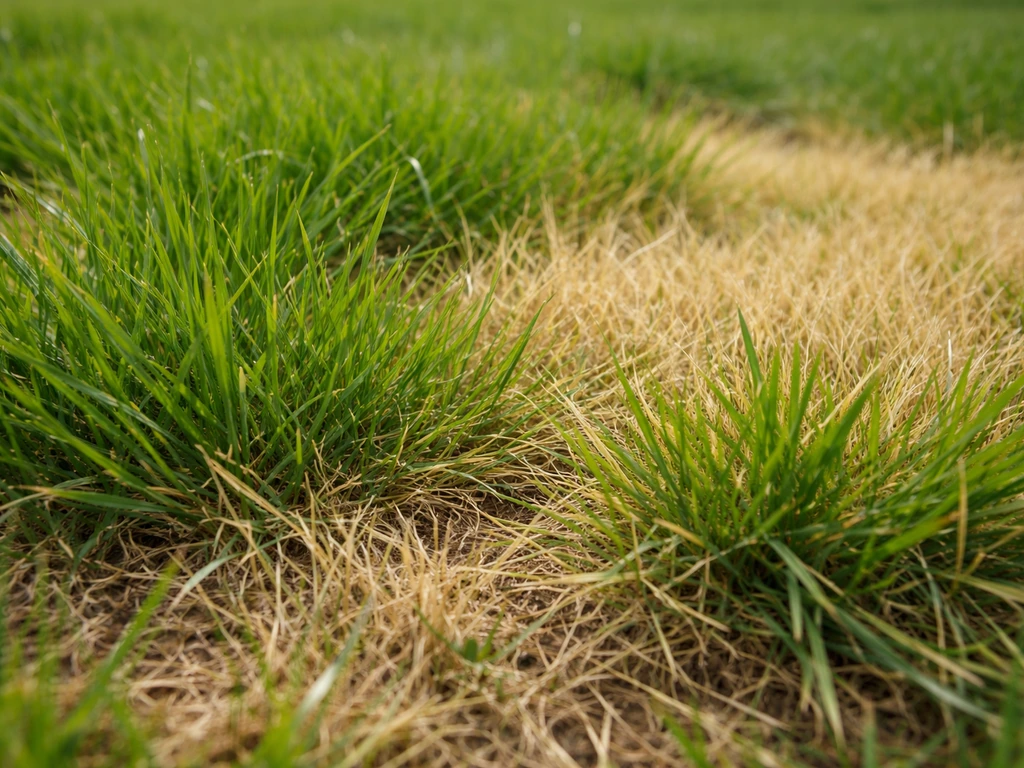 Gazon vert et jaunissant en gros plan, montrant des zones à symptômes différents avant d’agir.