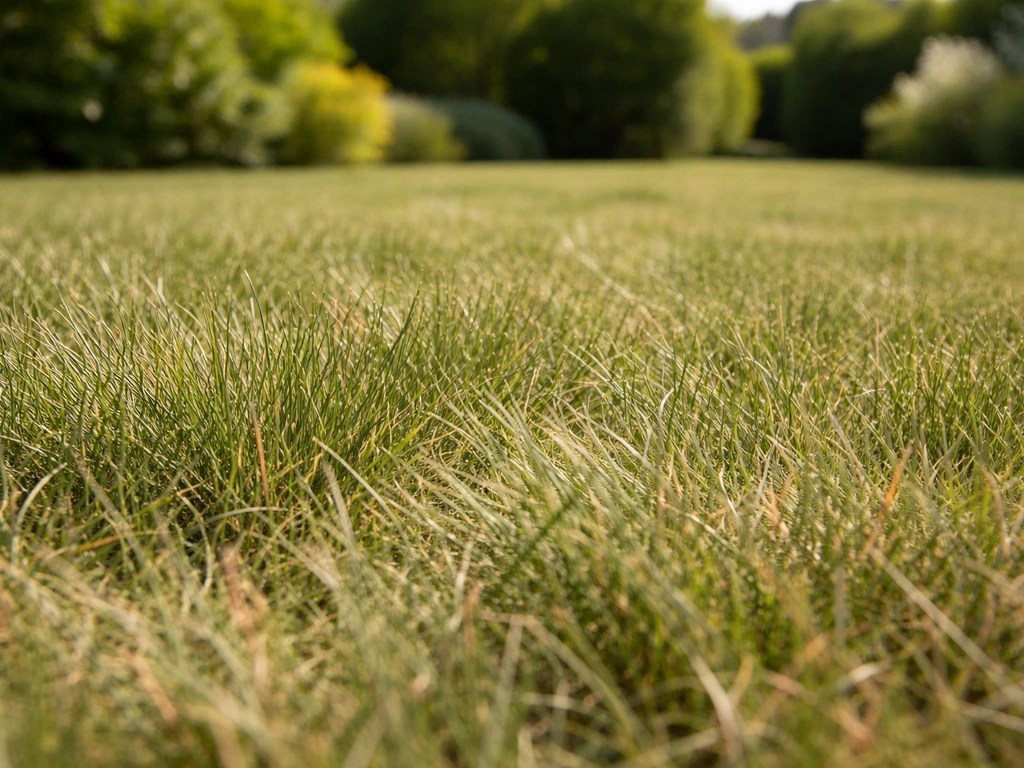 Fétuques aux brins fins et denses dans un gazon sec en plein été, vue au ras du sol