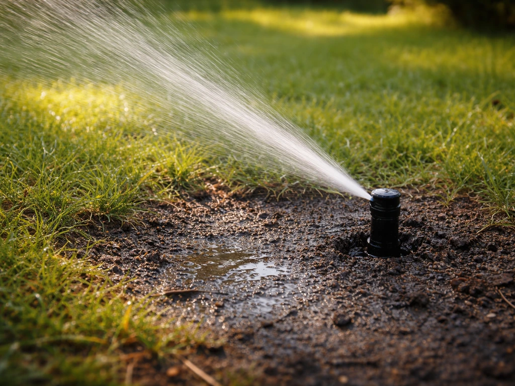 Arroseur au sol arrosant le jardin en été, sol bien humide en profondeur sous un jet d’eau régulier.