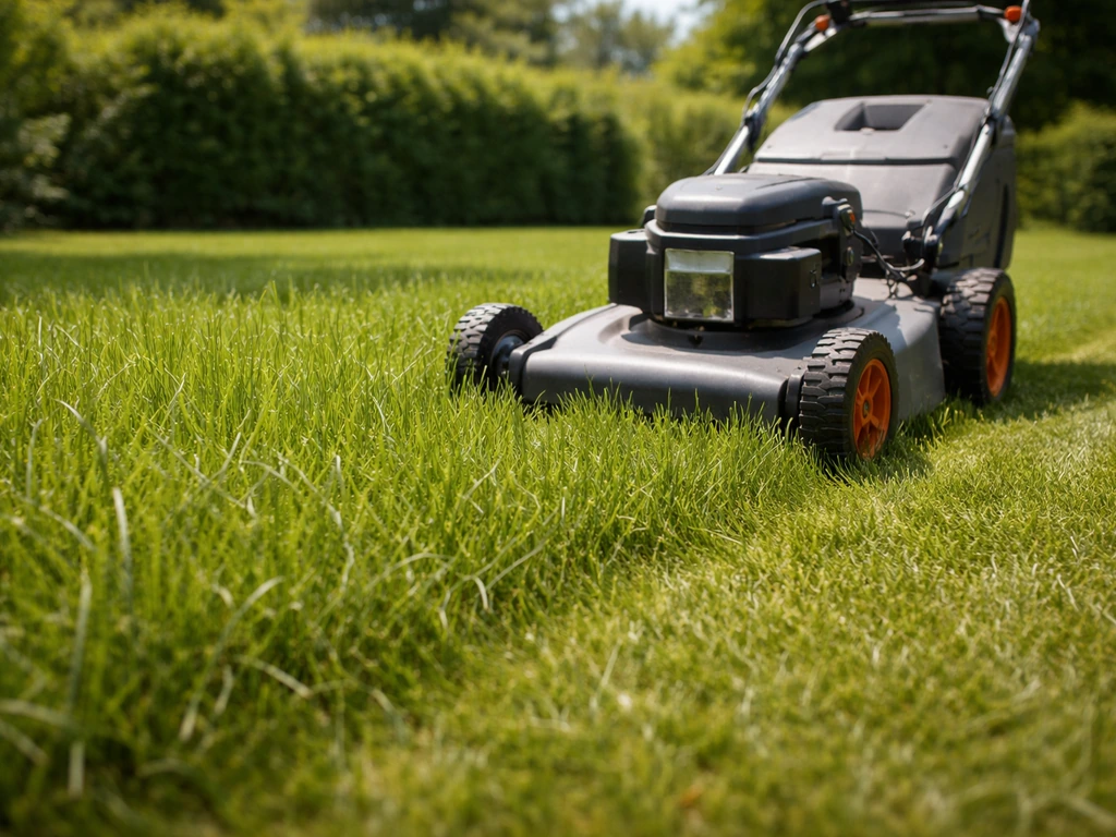 Tondeuse réglée haut sur une pelouse d’été, herbe encore longue et non rasée.