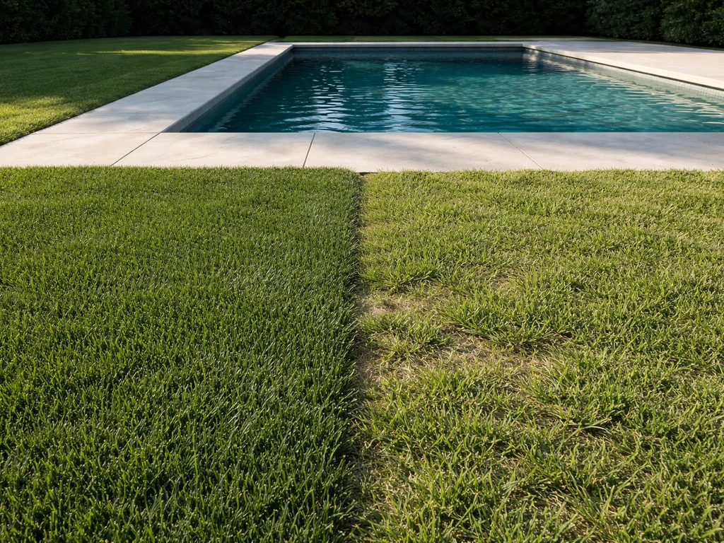 Tour de piscine minimaliste avec deux zones de gazon vert contrastées : ensoleillée et plus ombragée