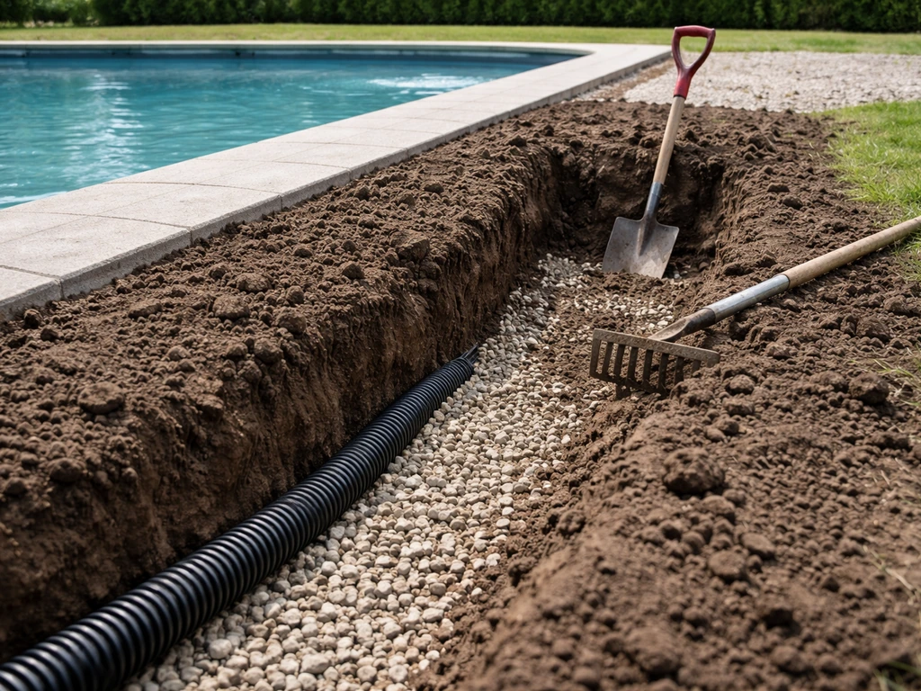 Coupe de sol ouverte avec décompactage, lit de plantation et couche drainante avant pose du gazon.