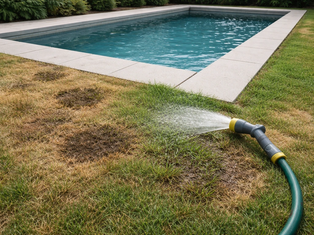 Pelouse jaunie et brûlée autour d’une piscine, avec arrosage en préparation et zones humides en contraste.