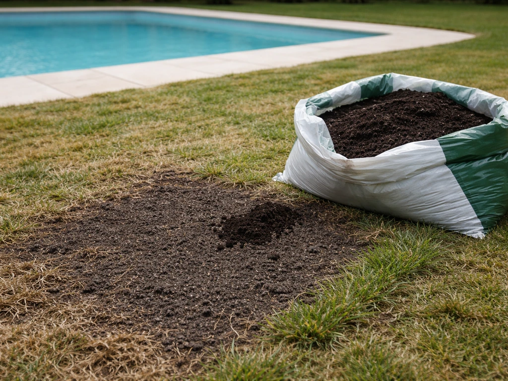Zone de pelouse grattée près d’une piscine, terreau tamisé ajouté pour un sursemis localisé.