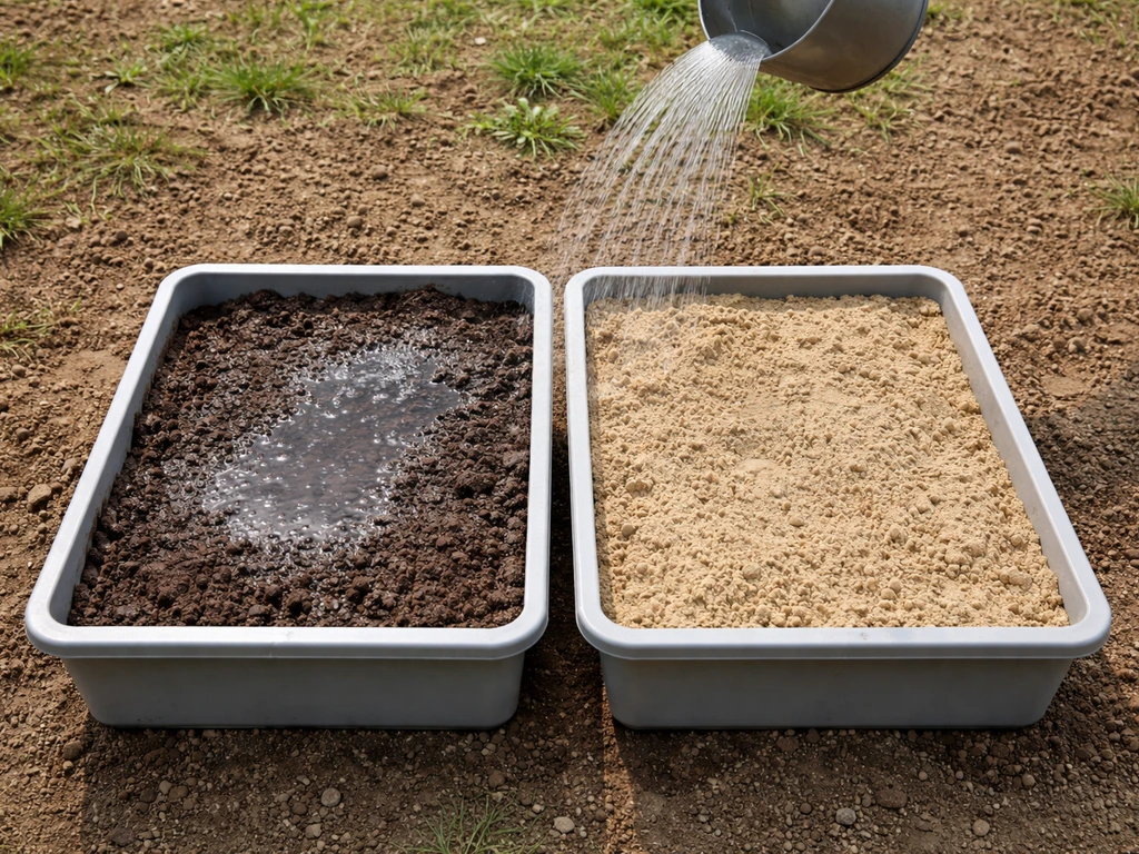 Deux bacs de terre comparant un sol compact retenant l’eau et un sol sableux drainant l’eau sans flaque.