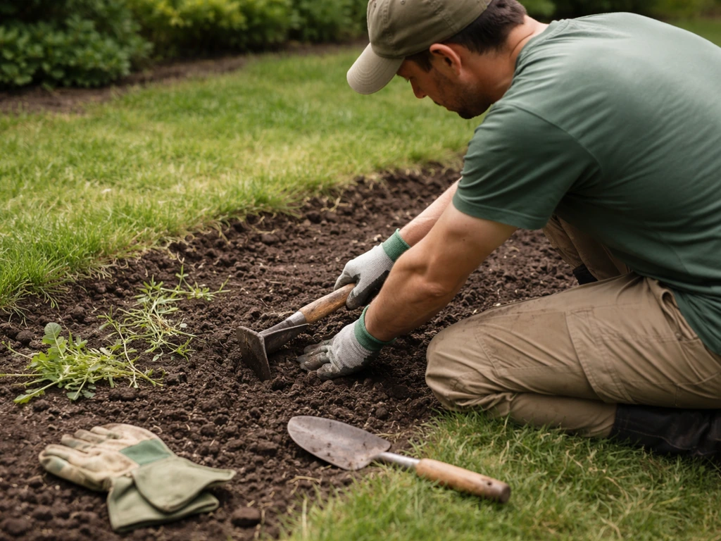 Zone de jardin désherbée : un jardinier anonyme binette la terre avant plantation, sol propre prêt à être travaillé.