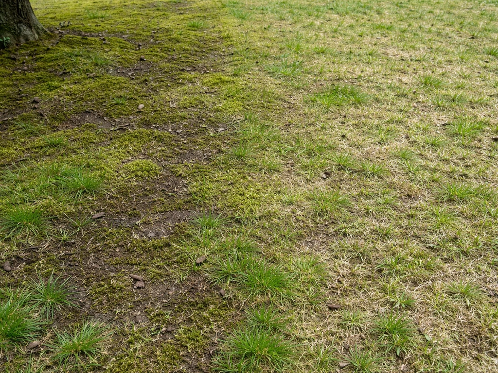 Pelouse avec deux zones : mousse dense sous un arbre et mousse plus diffuse ailleurs, sans personnes.