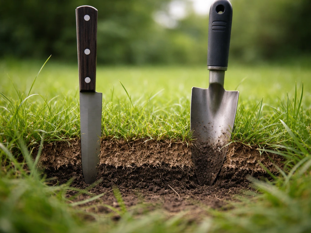 Couteau et truelle glissés dans une pelouse, révélant une couche brune spongieuse entre l’herbe et la terre.