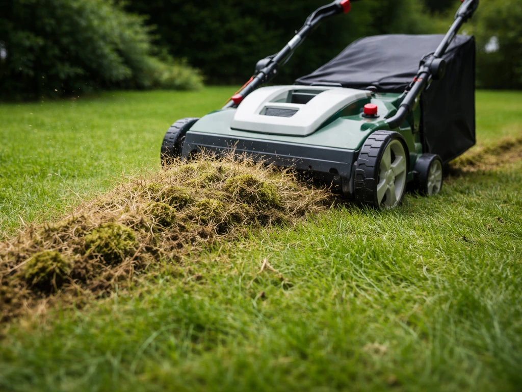 Scarificateur tirant la mousse sur une pelouse, feutrage soulevé, en plein travail au jardin.