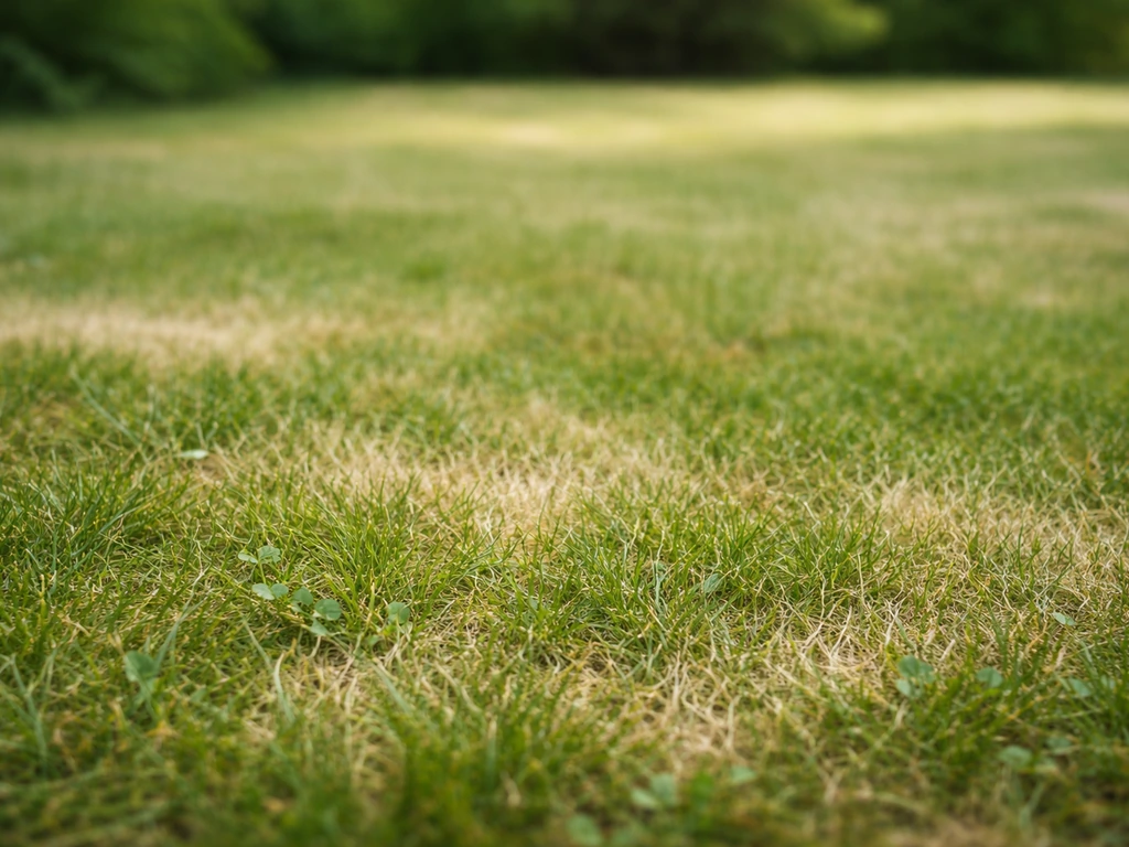 Pelouse avec brins d’herbe vert clair décolorés et zones qui s’éclaircissent, sans personne.