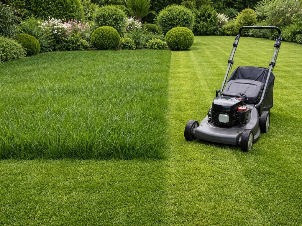 Tondeuse qui passe sur une pelouse : hauteur de coupe visible, herbe plus haute à la fin.