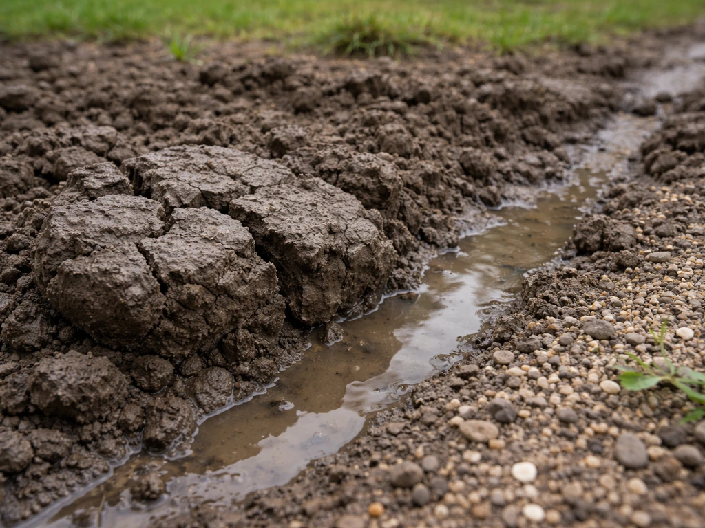 Sol argileux fissuré avec petite flaque dans une rigole, motte compacte montrant un drainage difficile.