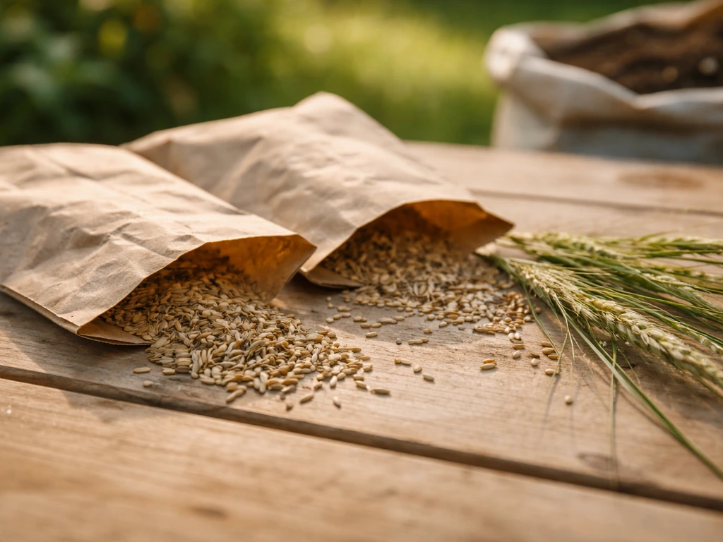 Gros plan sur des sachets de graines de graminées et quelques brins verts, prêt à être semés.