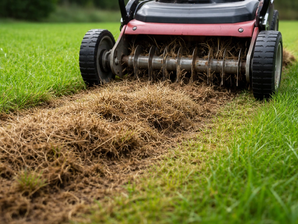 Rouleau de scarificateur entaillant un gazon, retrait du feutre pour préparer le sursemis