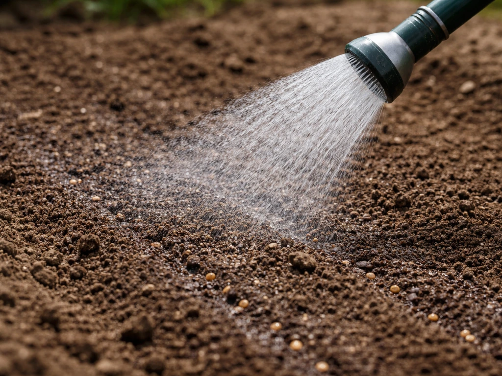 Sol de jardin fraîchement semé arrosé en fines gouttelettes avec un brumisateur basse pression.