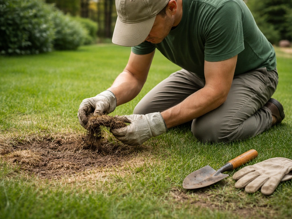 Gazon abîmé avec plaques irrégulières inspecté de près, outils simples, lumière naturelle.