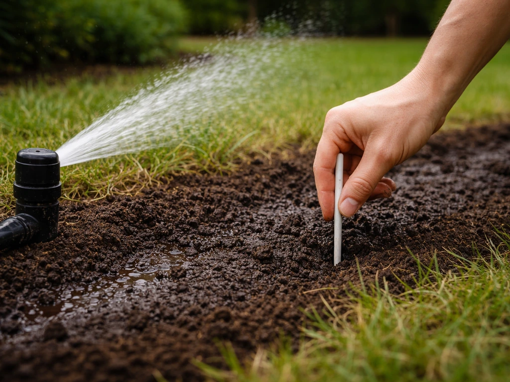 Arroseur de jardin projetant un jet au sol, sol humidifié, doigt vérifiant la profondeur près du goutte-à-goutte.