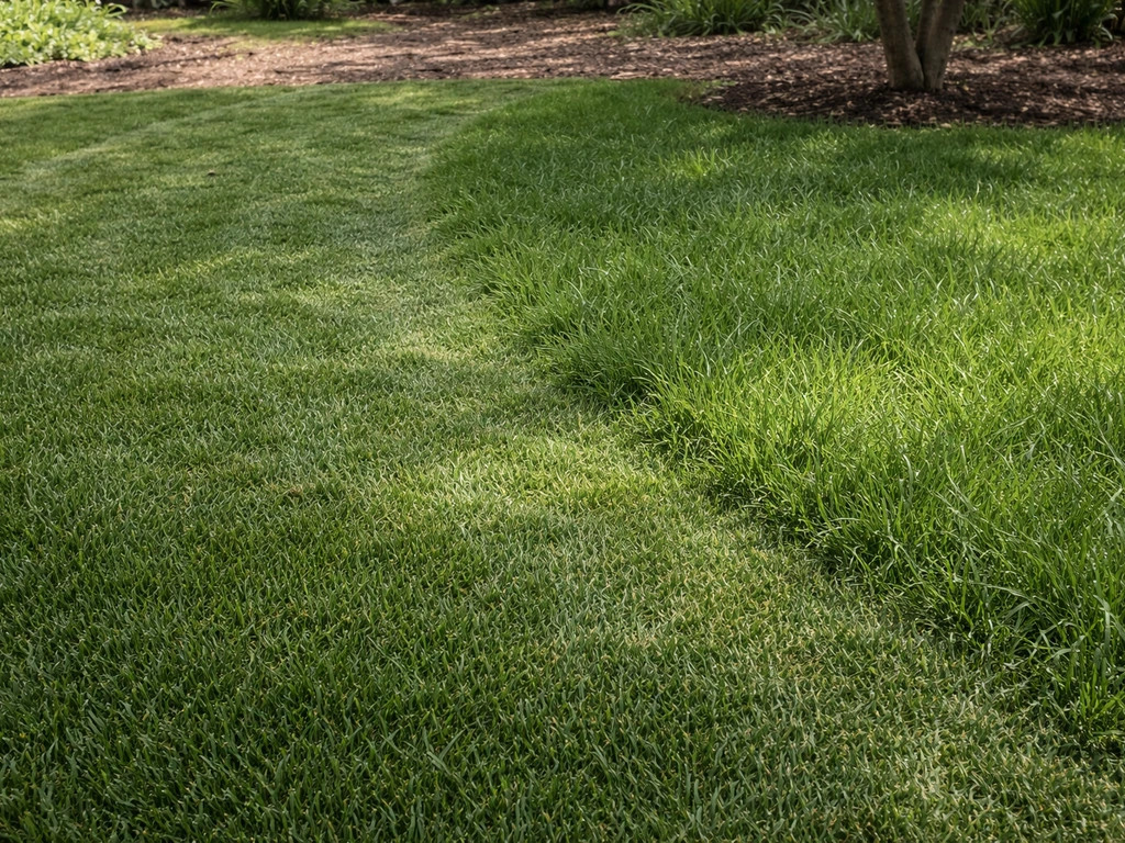 Deux zones de pelouse au sol : fétuque rouge traçante dense près d’une zone piétinée, et mélange plus haut à l’ombre.