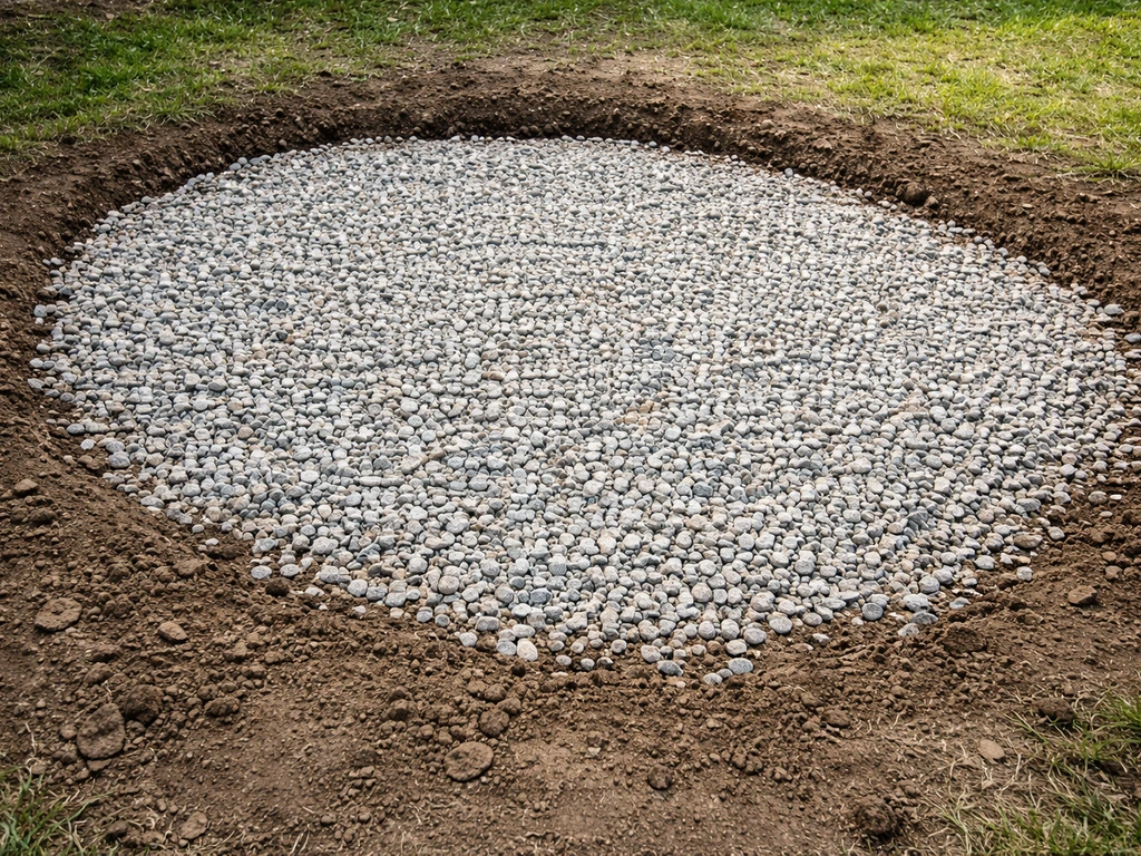 Sous un trampoline, sol ameubli et zone dégagée avec matériau de drainage pour améliorer l’écoulement.