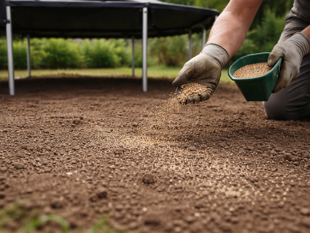 Mains gantées épandant des graines de gazon sur sol préparé sous un trampoline, jardin au naturel.