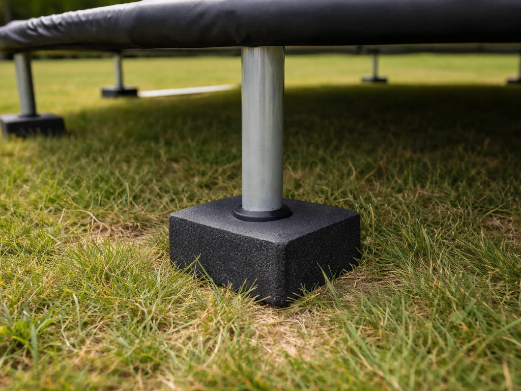 Trampoline posé sur une pelouse, petits plots plastiques recyclés isolant les zones sous le cadre